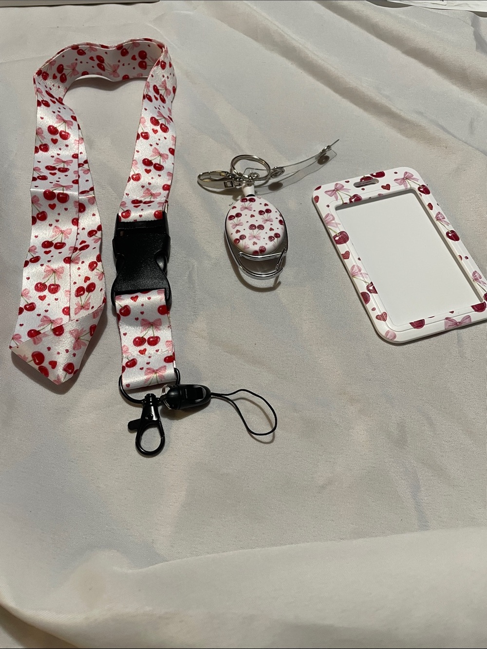 Cherry-Print Lanyard Set with Badge Holder and Retractable Reel - White Pink
